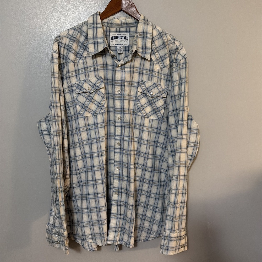 Aeropostale Western Snap Shirt Mens XXL Plaid Pearl Button Long Sleeve Tan Blue